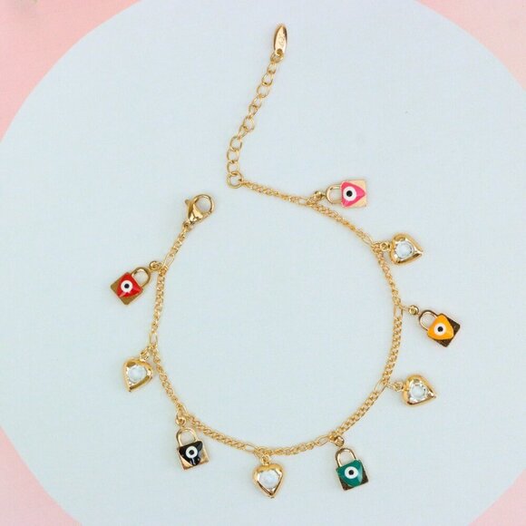 "Rose Gold Evil Eye & Heart Charm Anklet in Gold Plated Brass, XPAL1193 - Picture 6 of 12